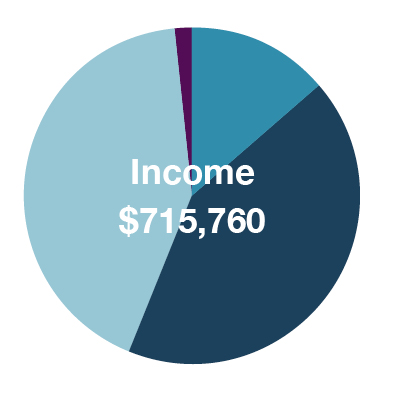 Pie chart from the 2017/2018 Impact Report showing income distribution with a label reading "income $715,760", displayed in two contrasting shades of blue and a thin dividing line.