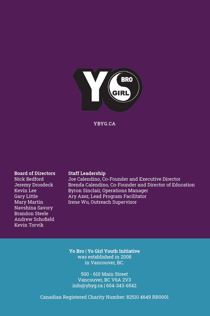Logo of "bygirl" in large letters above the 2019/2020 Impact Report list of board members and staff, with the organization’s contact information and Canadian charity number at the bottom.