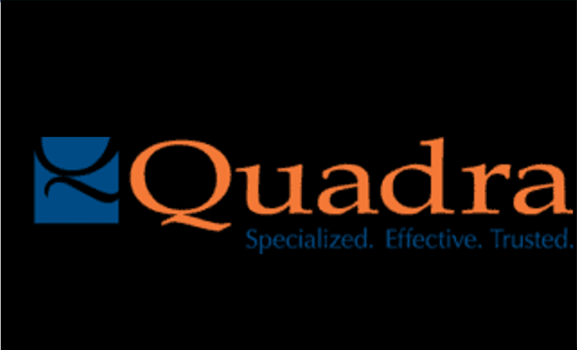 Logo of Quadra featuring stylized blue letter "q" next to the company name in orange, with the tagline "corporate partners. effective. trusted." in white.