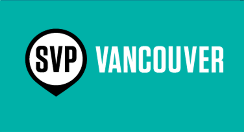 Logo of SVP Vancouver on a teal background, featuring a black and white pin design next to the text highlighting corporate partners.